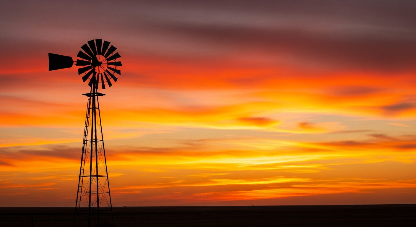 Oklahoma sunset with windmill – Newcastle, Tuttle, and Blanchard