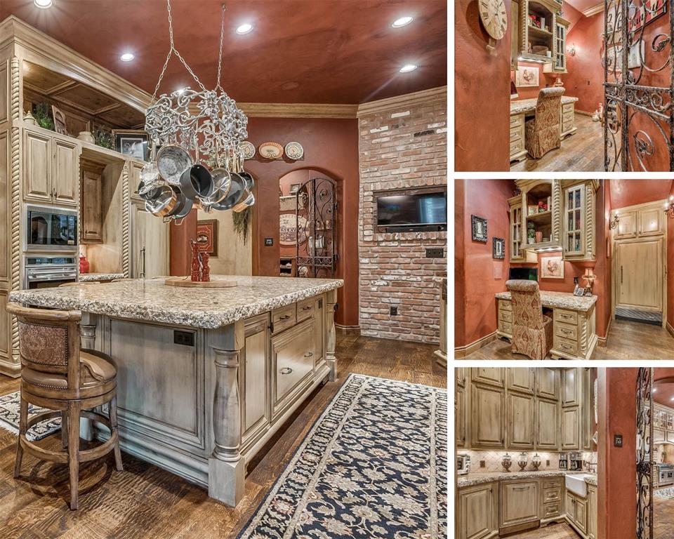 Tessa Hood Realtor – Custom kitchen with island, pot rack chandelier and brick accent at 1705 Maple Dr, Blanchard Oklahoma