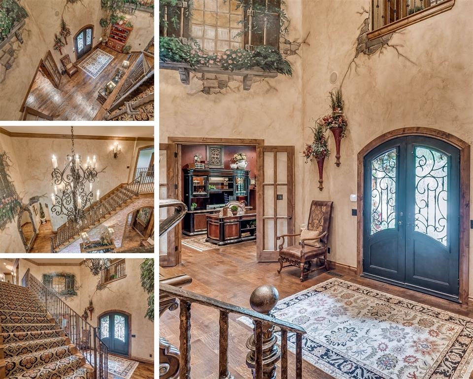 Tessa Hood Realtor – Grand entry foyer with iron staircase and arched double doors at 1705 Maple Dr, Blanchard Oklahoma
