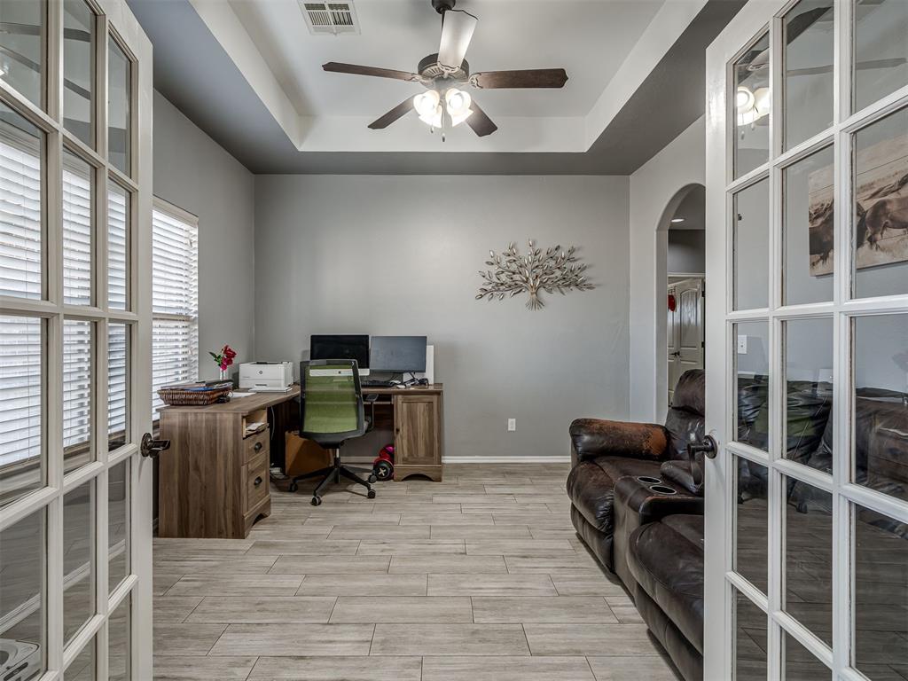 Tessa Hood Realtor – Home office with French doors and tray ceiling at 5708 SE 148th St, Oklahoma City OK
